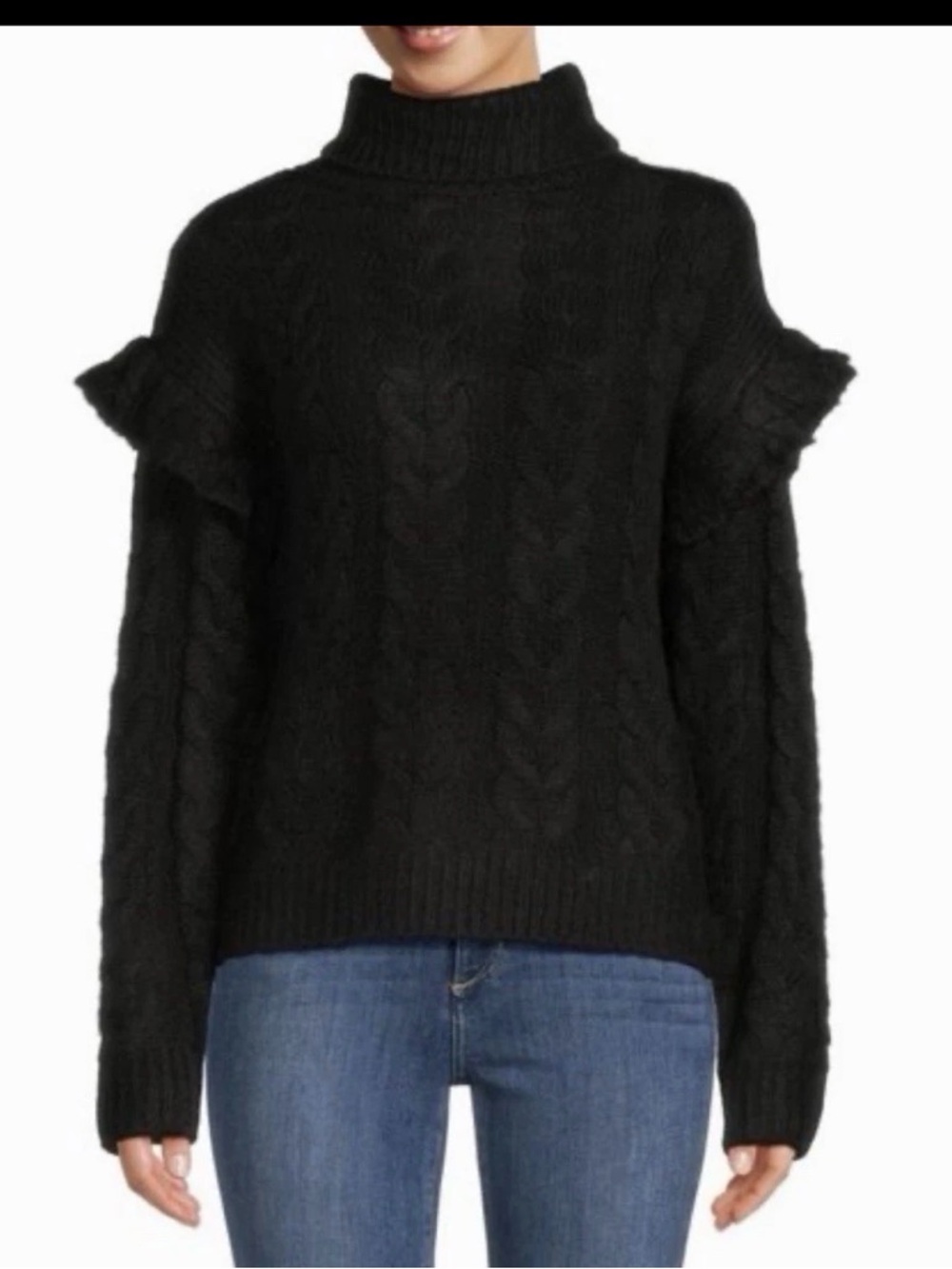 Joe's Jeans Black Cable-Knit Turtleneck Sweater with Ruffle Shoulders